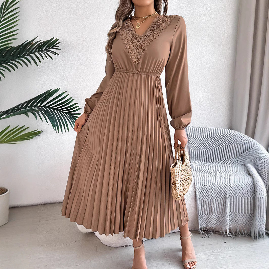 Elegant V neck Lace Pleated Versatile Dress