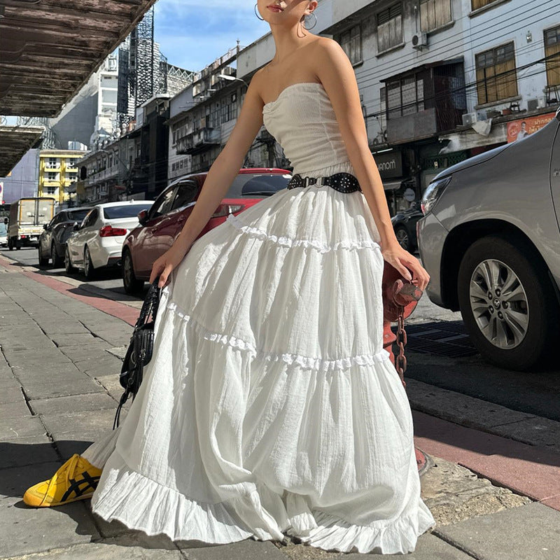 Fashionable French Sweet Sexy Two Piece Suit Summer Women Off Shoulder Tube Top Skirt No Belt