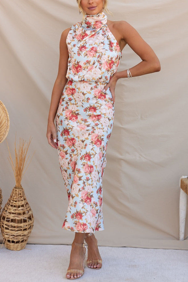Sleeveless Halter Printed Satin Dress