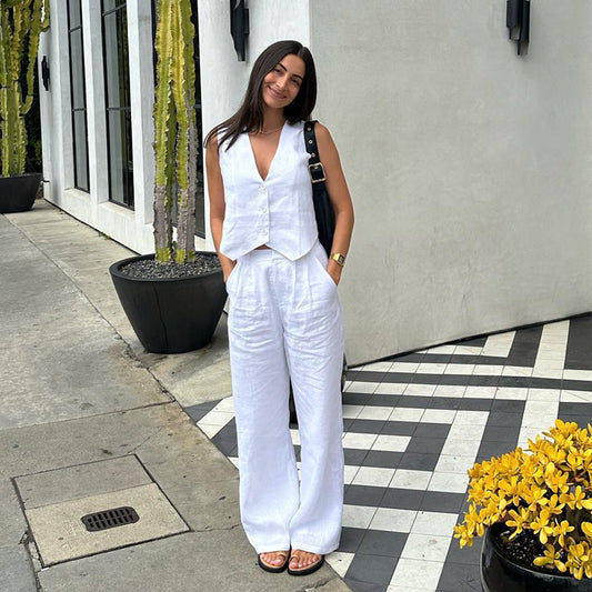 Cotton Linen Sleeveless Vest Two Piece Set