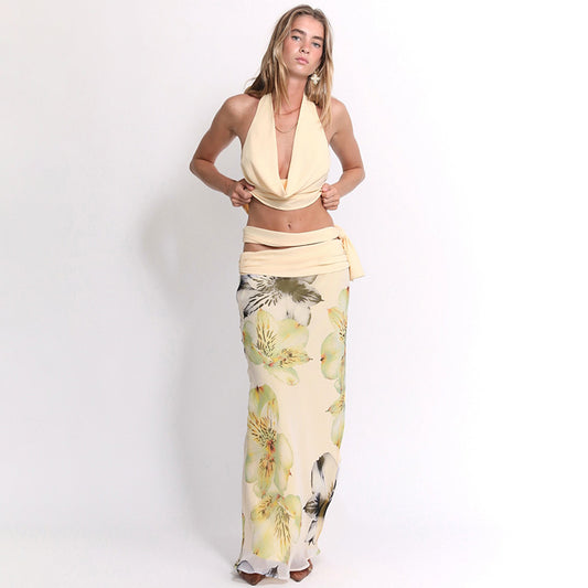 Spring Summer Women Sexy Backless Halter Top Slim Printed Dress Three Piece Sets Women