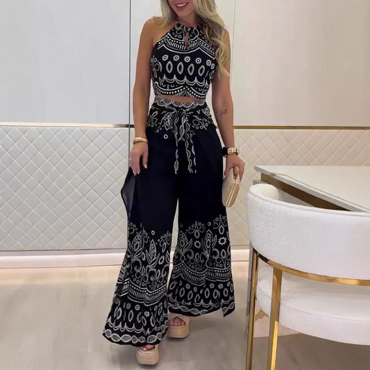 Boho Halter Top & Wide Leg Pants Two Piece Sets