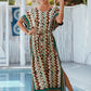 Rayon Wave Print Beach Cover-up Robe Vacation Sun Protection Shirt Bikini Cover