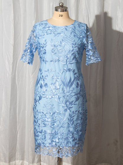 Melanie Curvy Short Sleeves Embroidered Sheath Dress