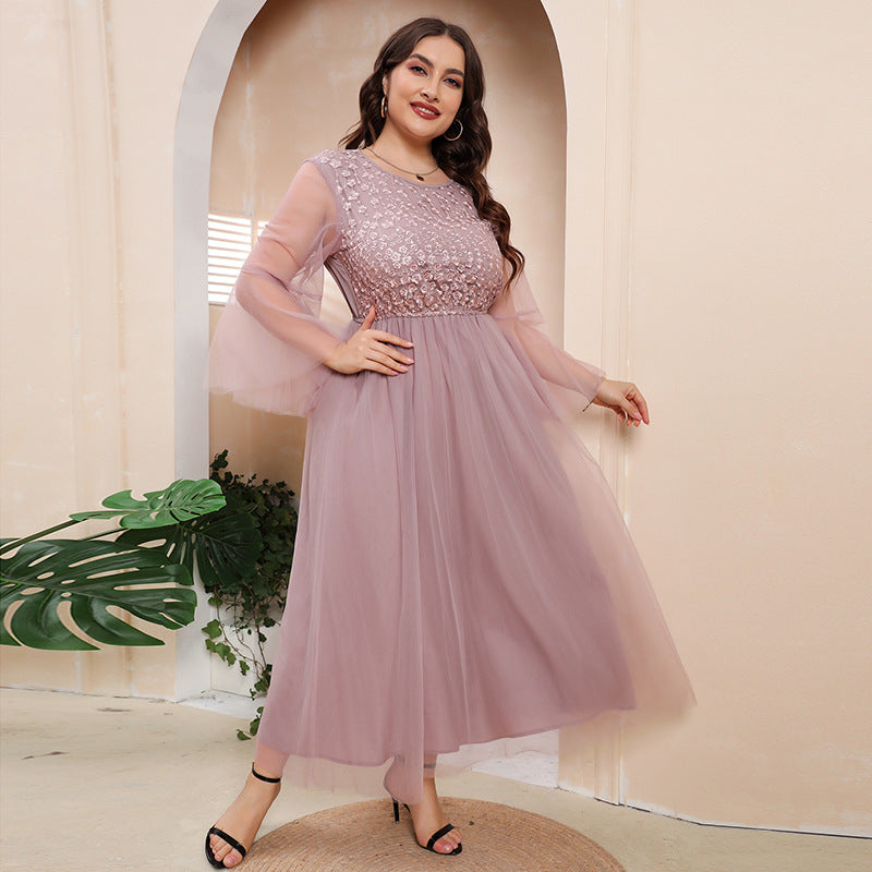Plus Size Mesh Long Sleeve Midi Dress