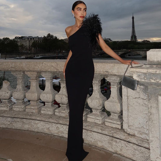 One Shoulder Feather Gown
