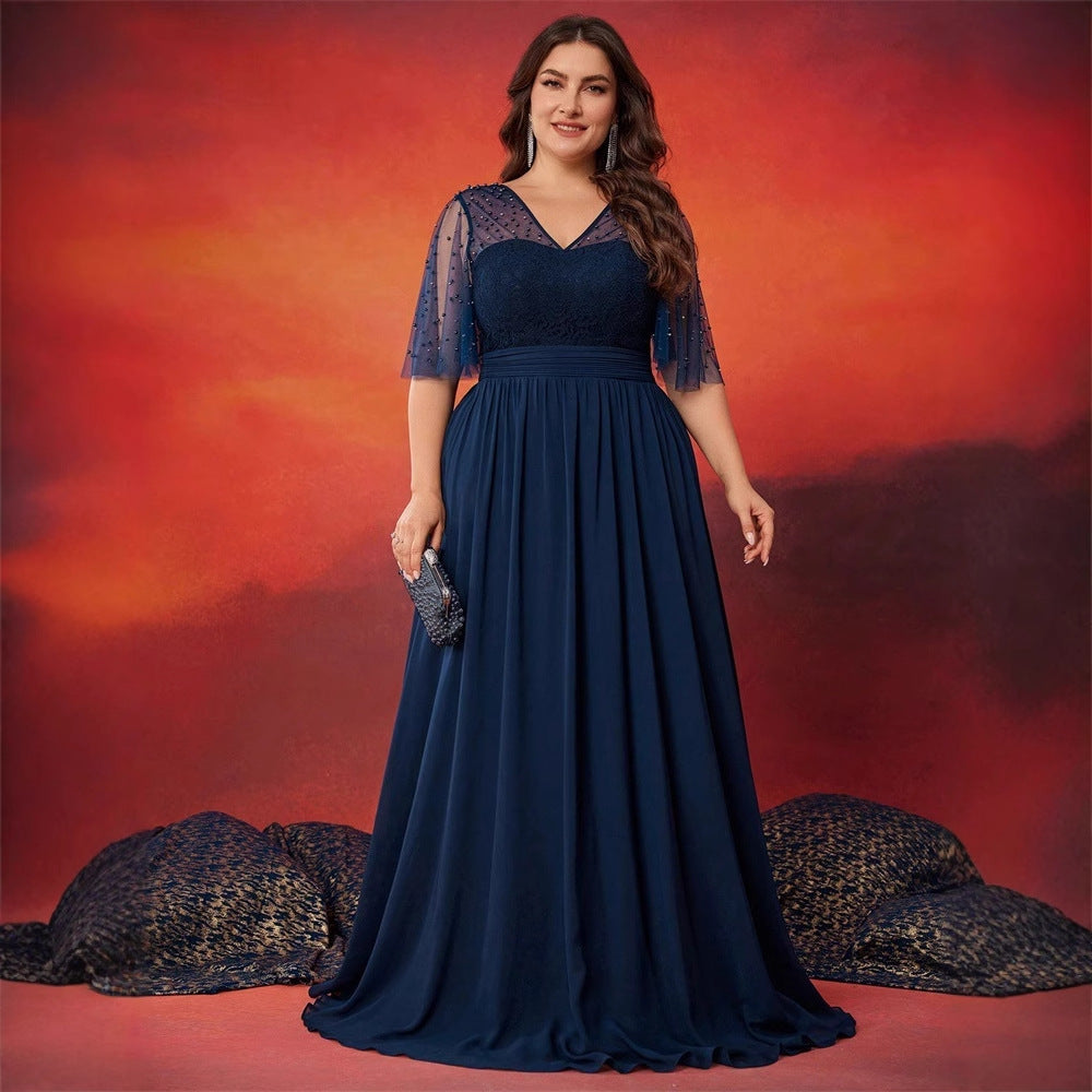 Beaded Lace Chiffon Short Sleeve V Neck Formal Gown