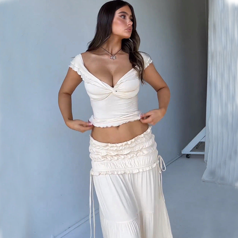 Sexy Cropped Low Cut Short Pleated Skirt Set