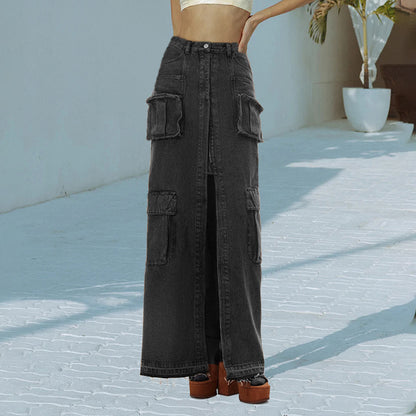 Anita Sexy Long Front Slit Denim Skirt