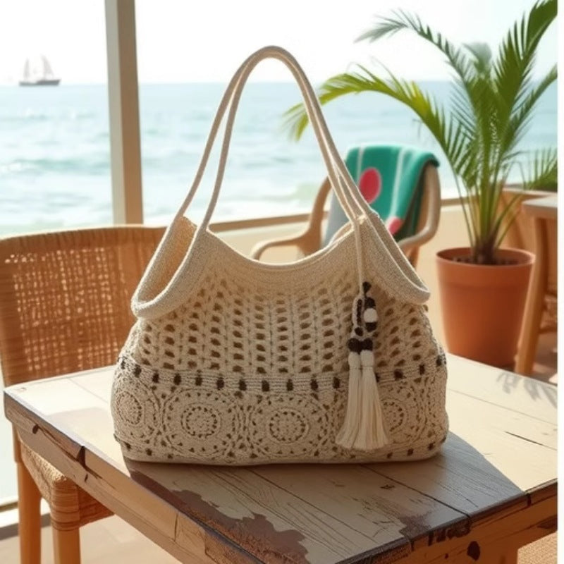 Crochet Maori Beaded Tassel Shoulder Bag Cotton Natural