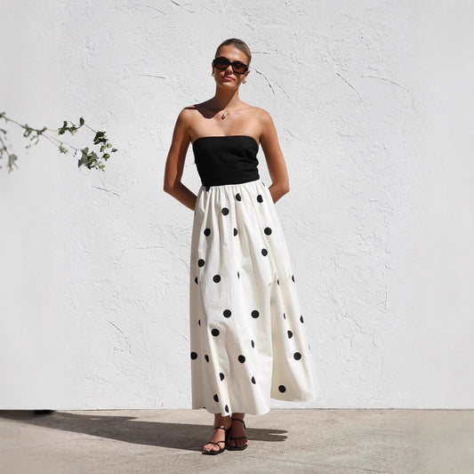 Spring Summer Polka Dot Printing Stitching Wrapped Chest A Swing Maxi Dress