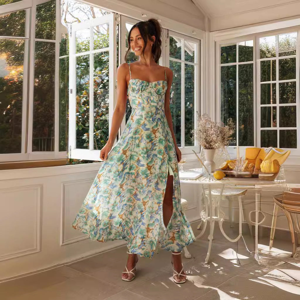 Printed Hem Slit Backless Maxi Dress