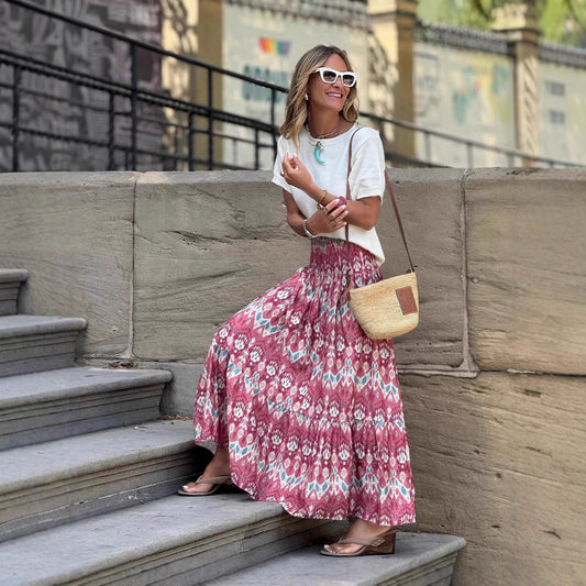Summer Elastic Waist Large Swing Vacation Long Skirt Women