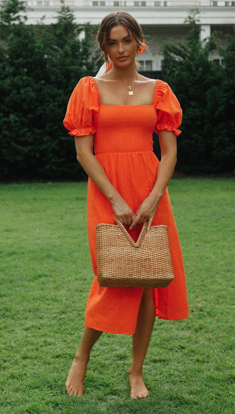 Semi Formal Split Maxi Dress Casual Puff Sleeve Dress
