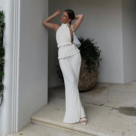 Halter Sexy Backless Sleeveless Vest White Pleated High Waist Set