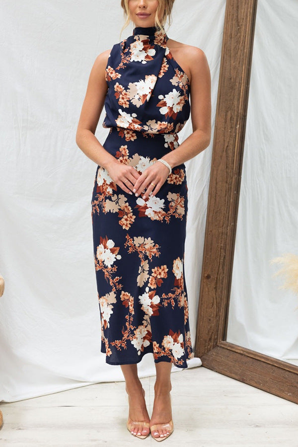 Sleeveless Halter Printed Satin Dress