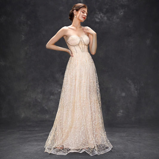 Champagne Tube Top Dress Maxi Dress Slim Fit Evening Dress