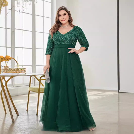 Plus Size V Neck Short Sleeve Sequined Tulle A line Evening Dress Party Dress