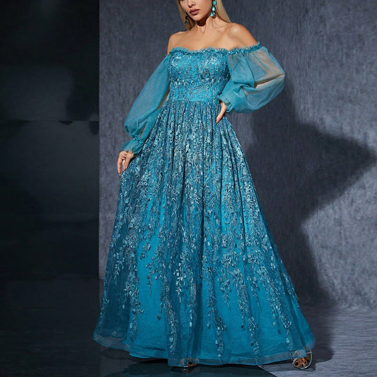 Off Shoulder Bubble Sleeve Evening Dress