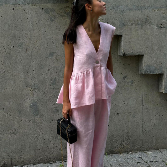 Cotton V neck Sleeveless Top Vest & Pant Set