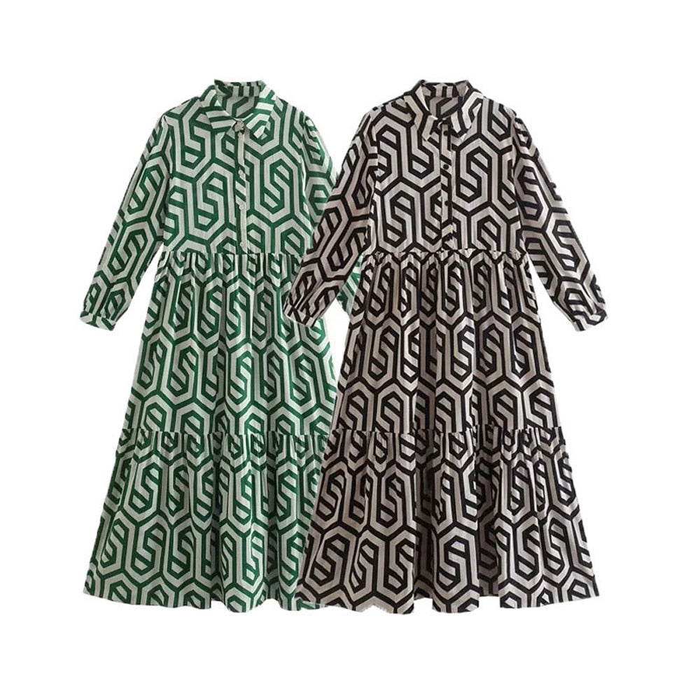 Vintage Print Maxi Casual Dress