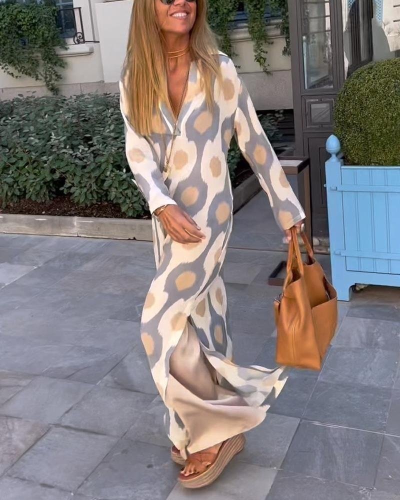 Geometric Print Split Maxi Casual Dress