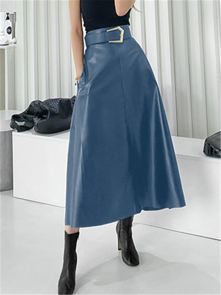 High Waist Leather Solid Feather Skirt Blue / L