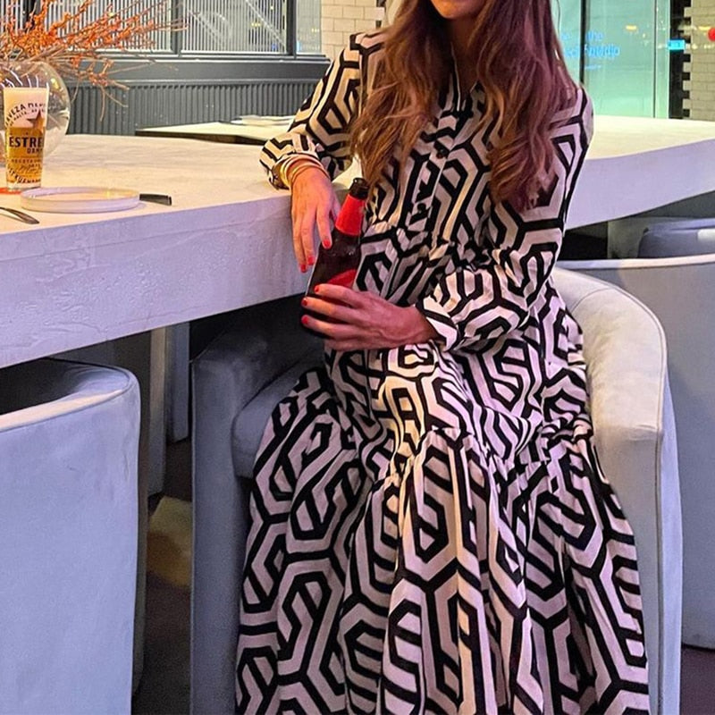 Vintage Print Maxi Casual Dress