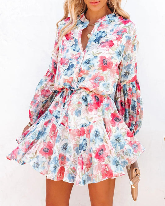 Printed Lantern Sleeve Long Sleeve Dress