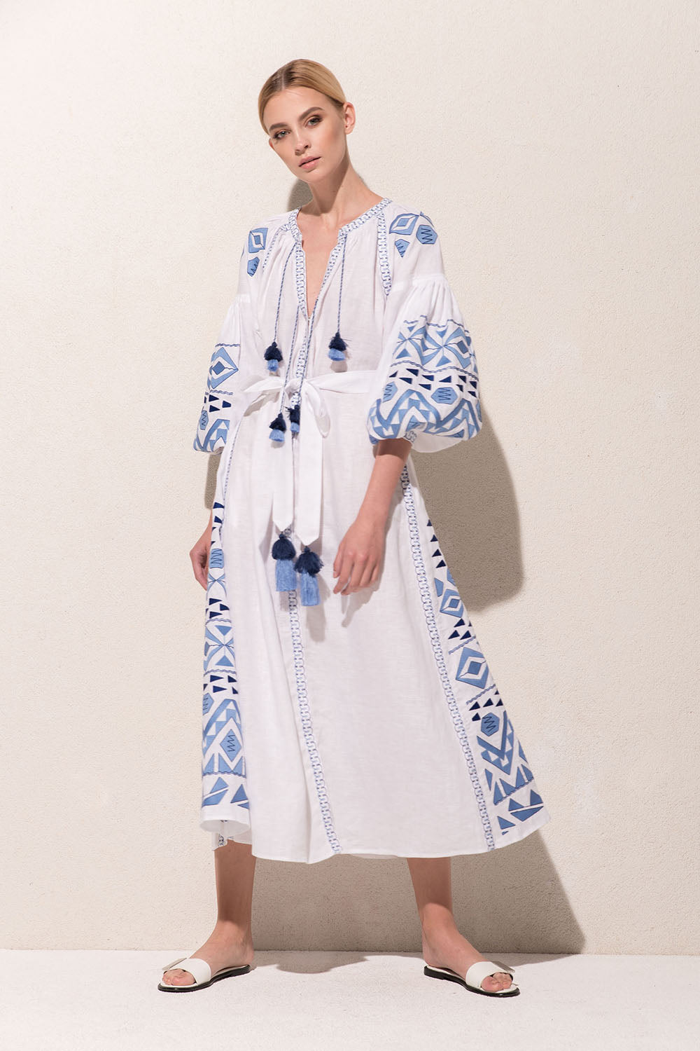 Embroidered Lantern Sleeve Boho Kaftan Dress