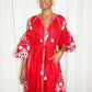 Embroidered Lantern Sleeve Boho Kaftan Dress