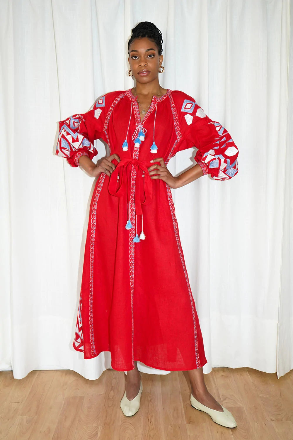 Embroidered Lantern Sleeve Boho Kaftan Dress