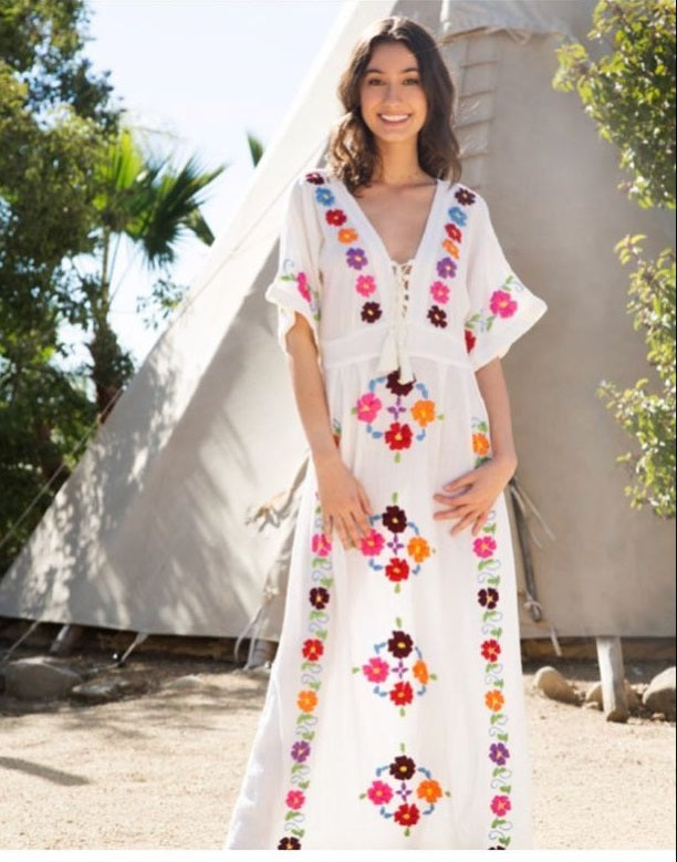 V Neck Embroidered Kaftan Dress