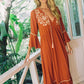 Bohemian Embroidered Solid Color Slit Tunic Dress