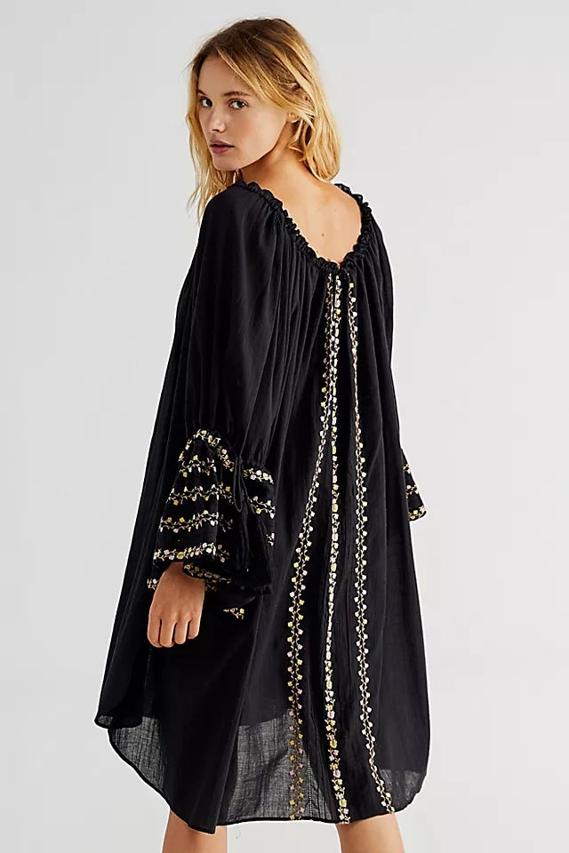 Floral Embroidered Black Cotton Tunic