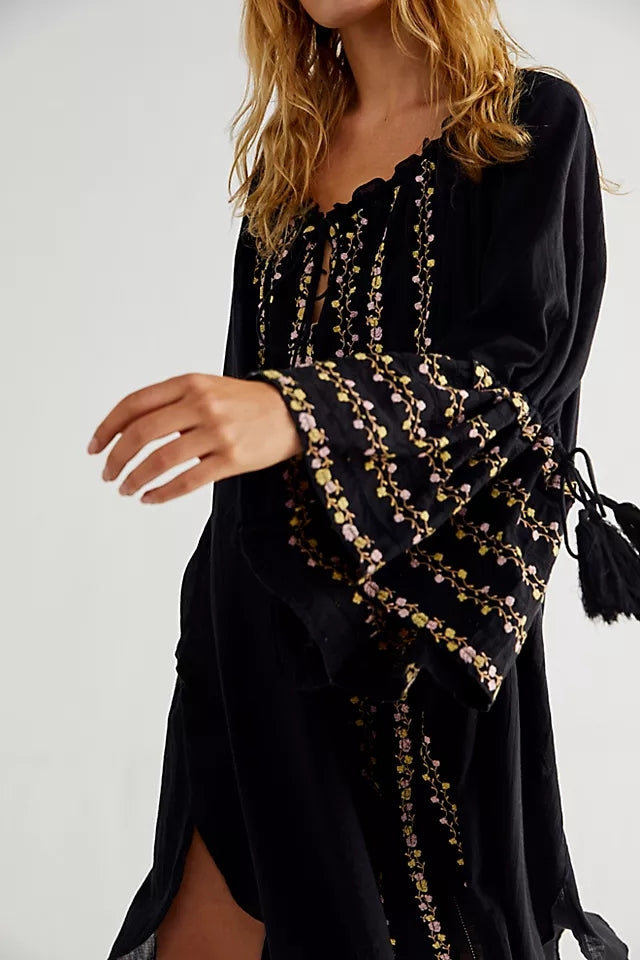 Floral Embroidered Black Cotton Tunic
