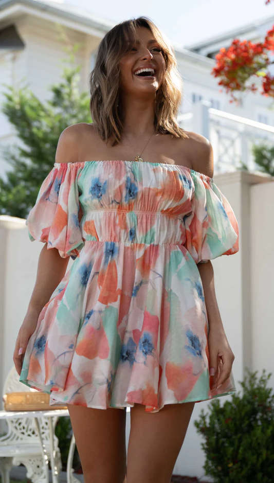 Vacation Tie Dye Printed Off Shoulder Dress