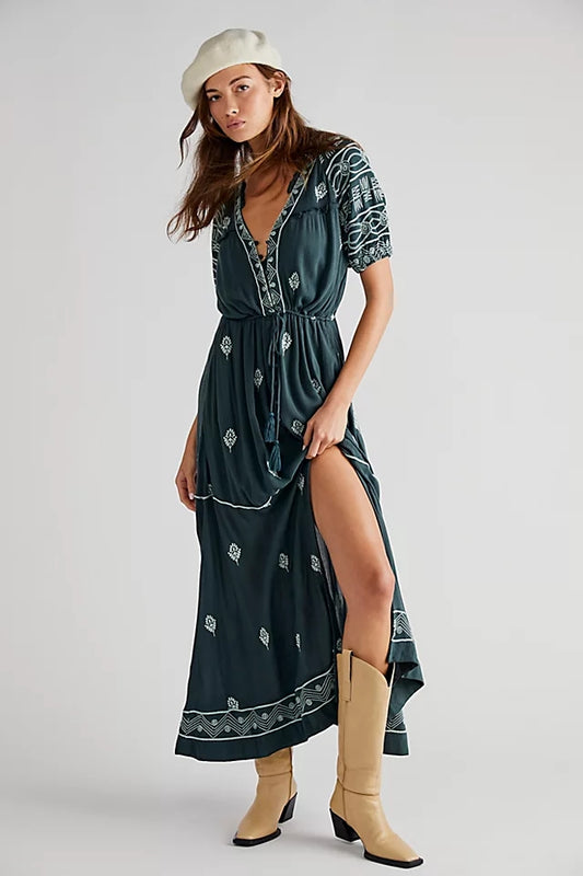 Trendy Cotton Embroidered Lace Up Maxi