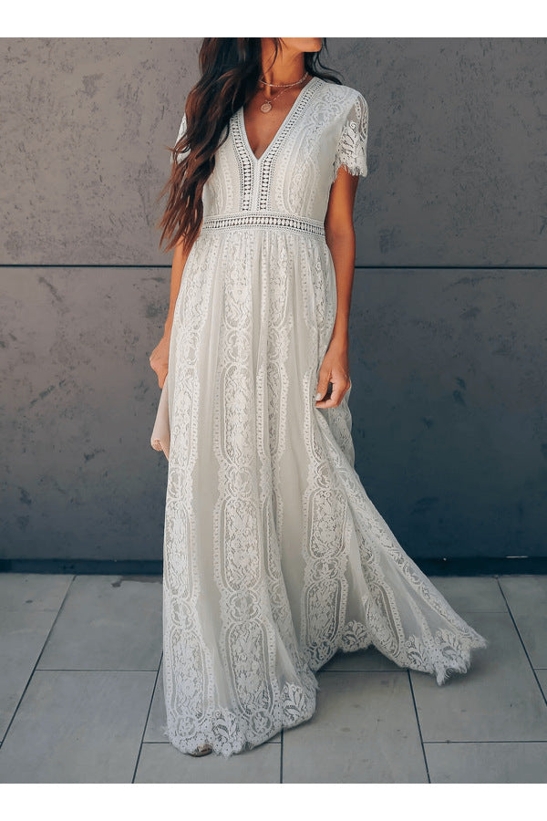 V neck Short Sleeve Hollow Out Sexy Lace Maxi Dress
