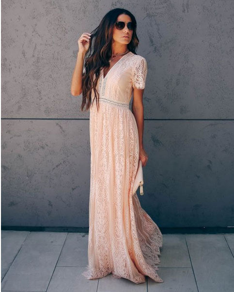 V neck Short Sleeve Hollow Out Sexy Lace Maxi Dress