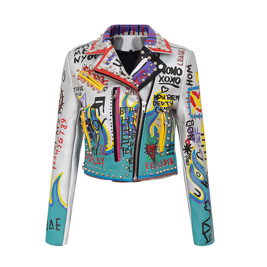 Printed Contrast Color Leather Jacket