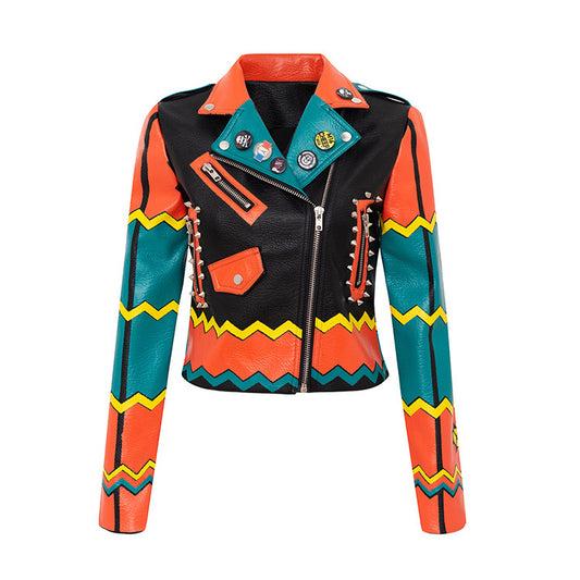 Cropped Studded Aztec Leather Jacket