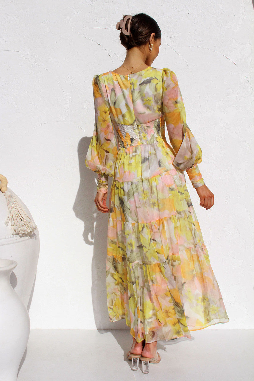 Casual Printed Long Sleeve V Neck Maxi Dress