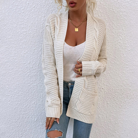 Cable Knit Mid-Length Knitted Cardigan Coat