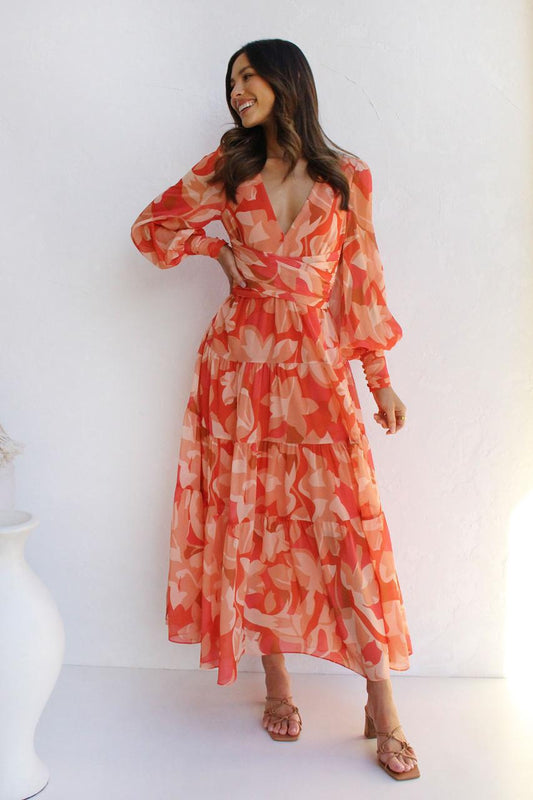 Casual Printed Long Sleeve V Neck Maxi Dress