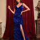 Verónica V Neck High Slit Sleeveless Gown