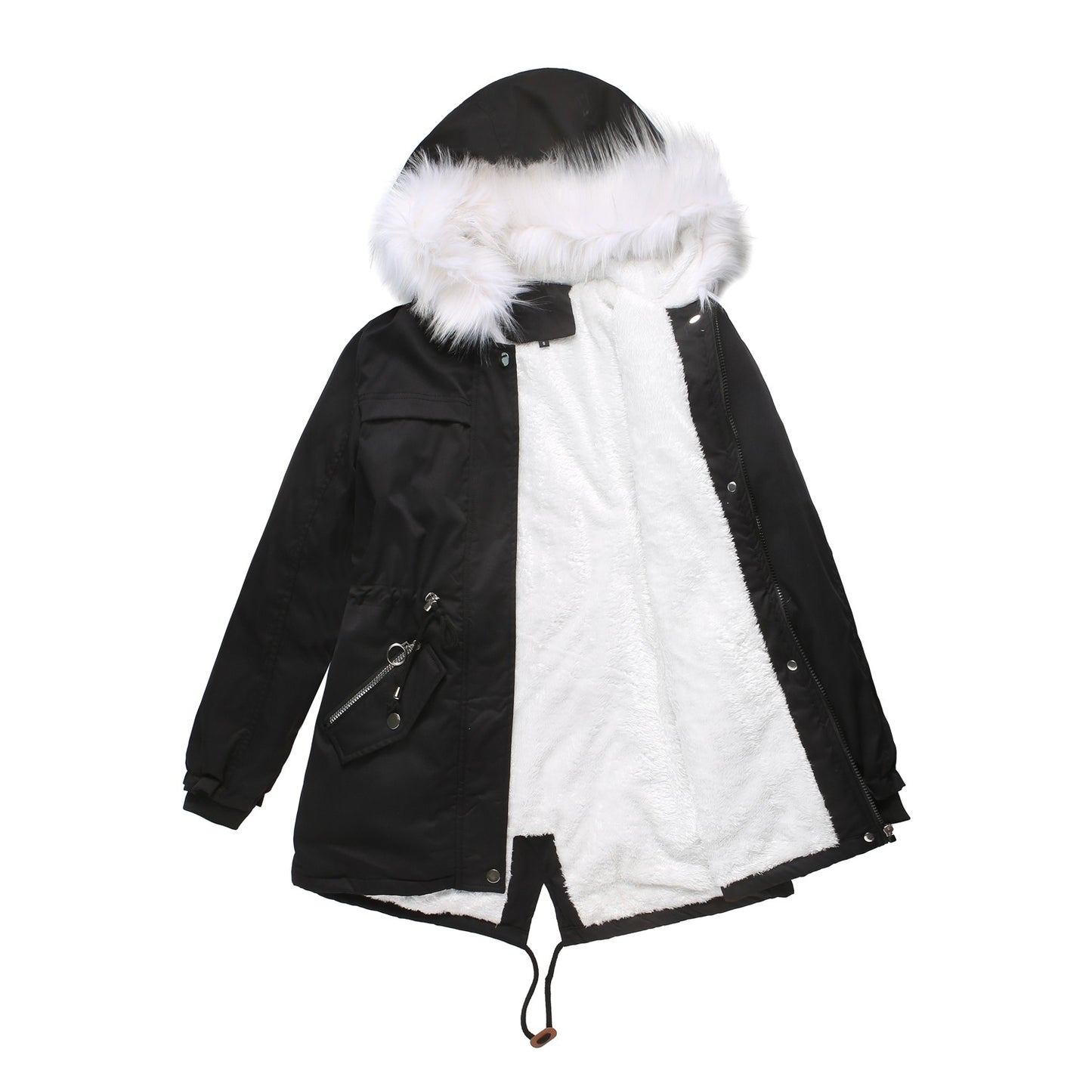 Mid-Length Fleece Lined Coat with Fur Collar