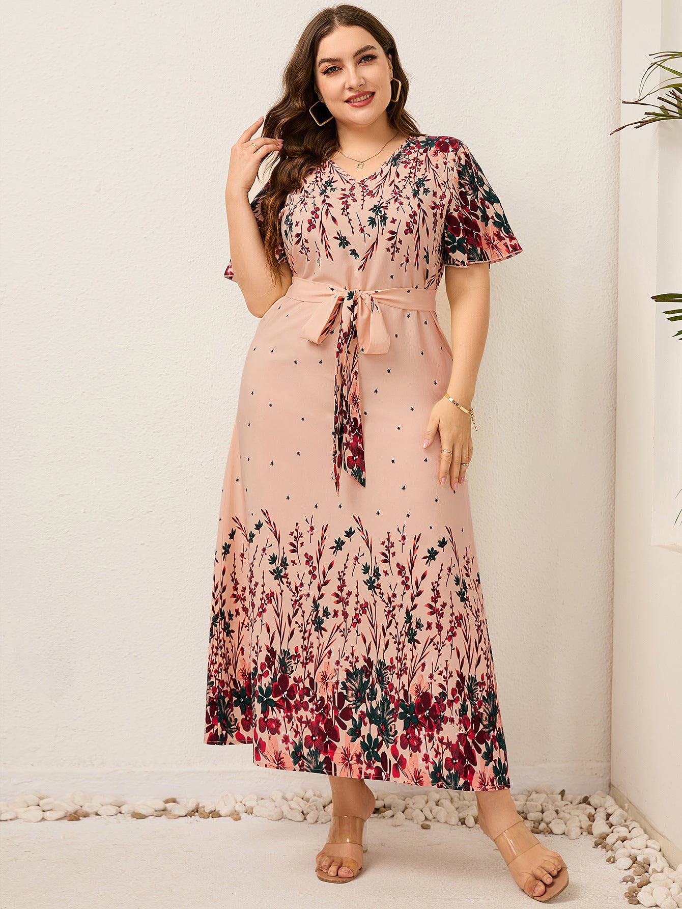 Kendra Plus Size Printed V-neck Lace up Dess