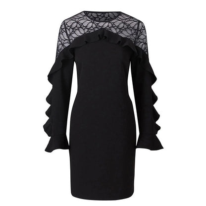 Plus Size Dress with Ruffle Trims and Lace Shoulder