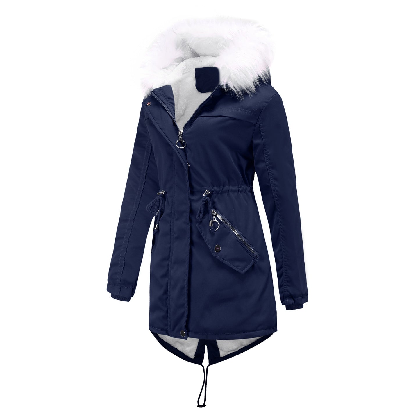 Mid-Length Fleece Lined Coat with Fur Collar